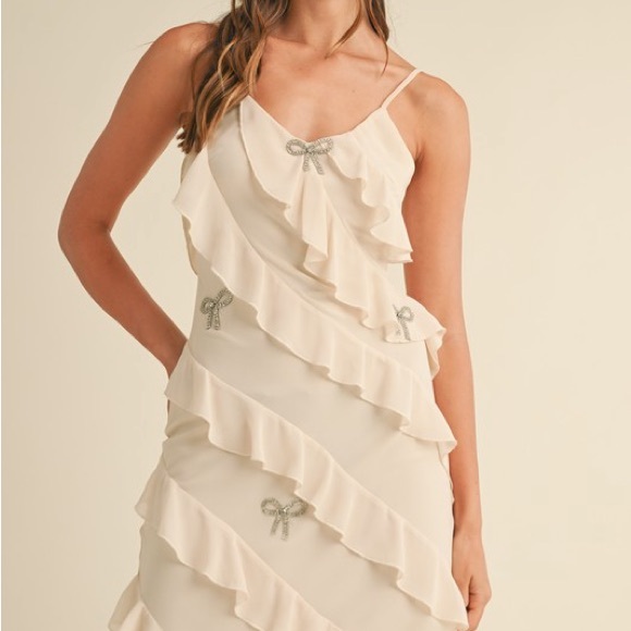 Cream Satin Ruffle Gown w/ Silver Crystal Bows – Romantic Maxi Slip Dress - Picture 4 of 9